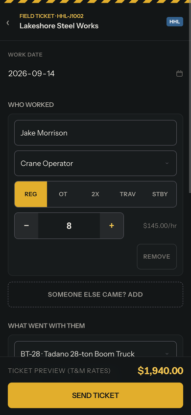 The actual mobile field ticket editor with labour, equipment, materials and photos