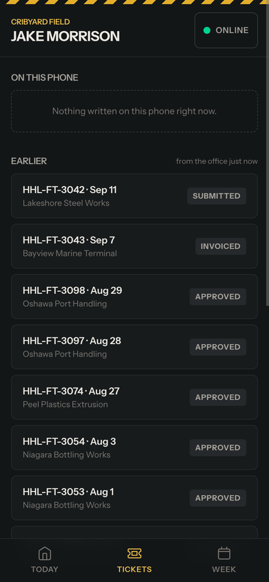 Cribyard Field ticket history and open jobs on a phone
