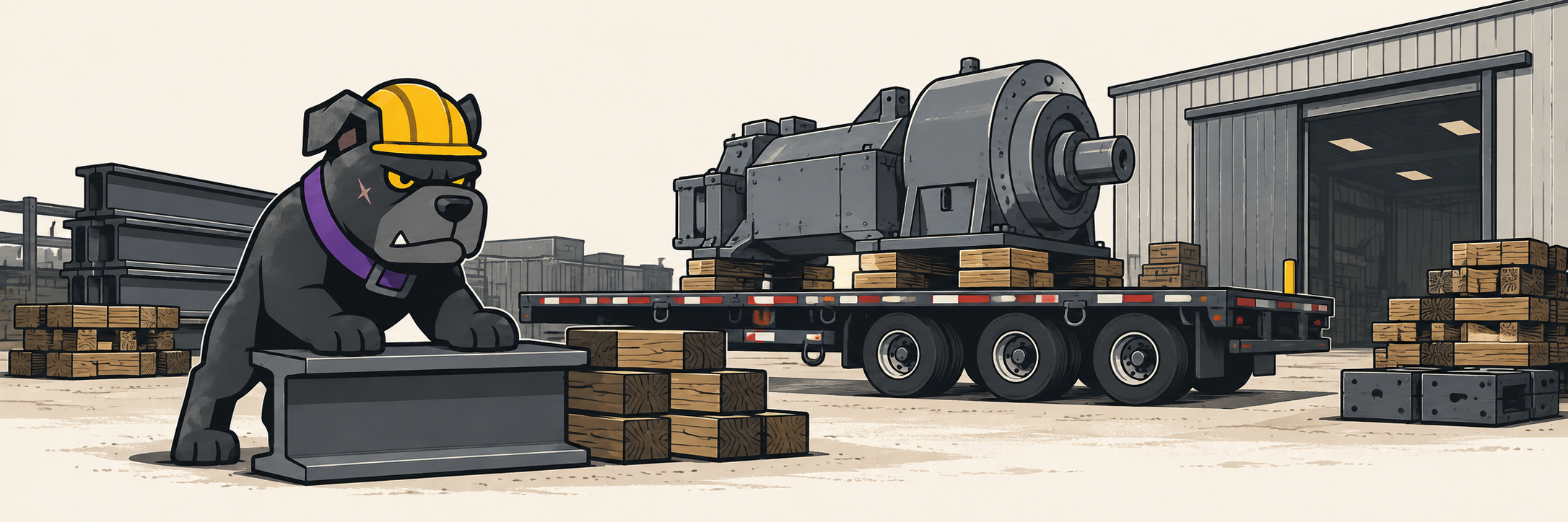 The Cribyard bulldog in a yard with a flatbed, industrial machine and stacked cribbing